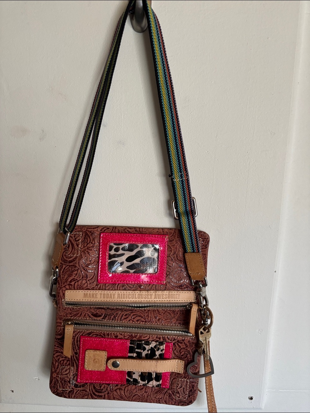 Consuela Embossed Brown Leather Crossbody with Multicolor Strap - Picture 2 of 3